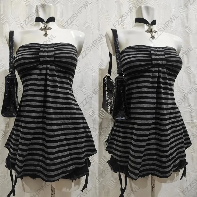 Y2k Tank Top Streetwear Punk Harajuku Stripe Print Unique Crop top Spicy Girls Casua Rock Goth Sleeveless Top Chic Hip Hop Vest