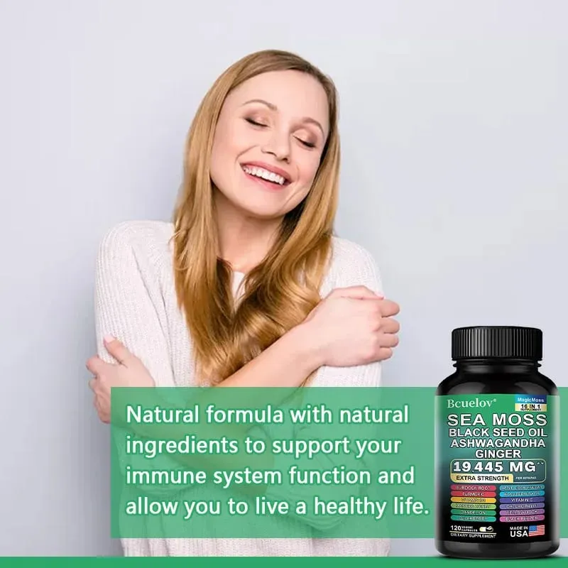 Sea Moss Capsules with Black Seed Oil Ashwagandha Turmeric Complex Energy Immune Digestive Skin & Stress Relief Support