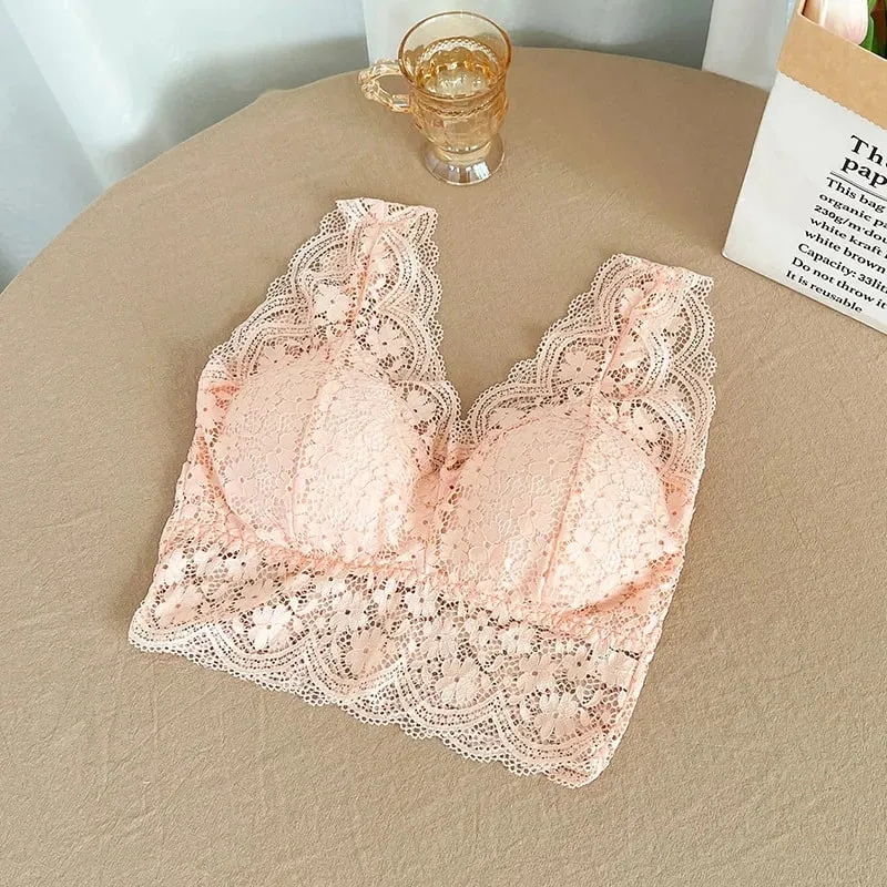 Reggiseno in pizzo Top con scollo a V profondo Bralette Reggiseno corto in pizzo da donna Lingerie sexy Reggiseno a canotta corto imbottito senza fili