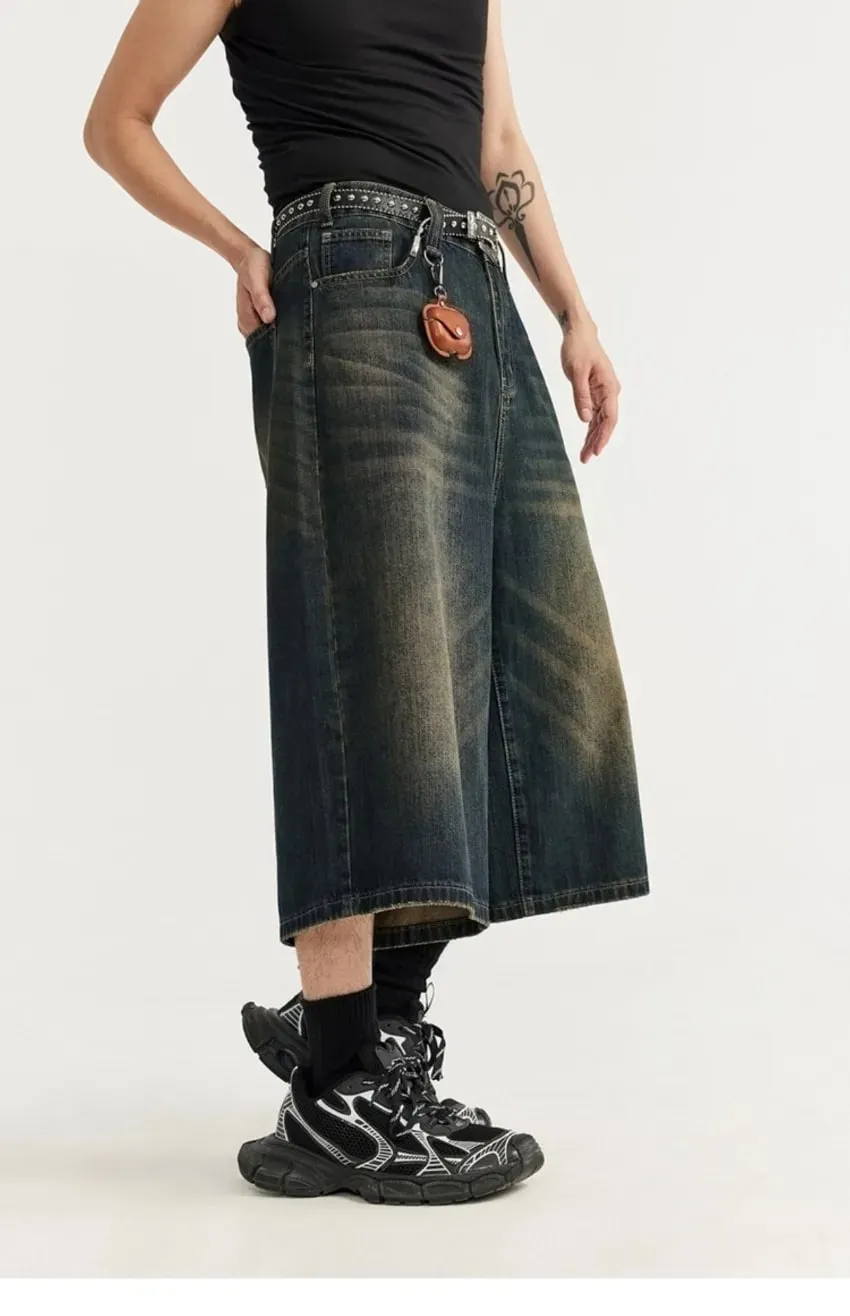 Men Vintage Washed Denim Shorts Loose Wide Leg Retro Nostalgic Tone Summer Streetwear Vintage Cropped Jeans