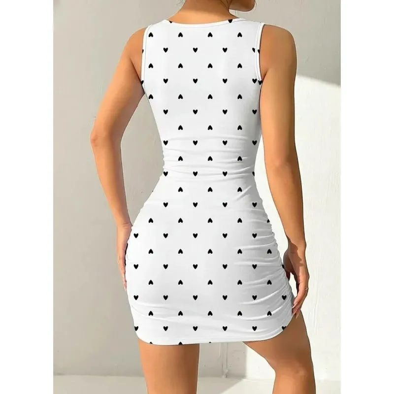 Women's Heart-Shaped Printed Sleeveless Dress Summer Casual Square Collar Waist Cinched mid Length Skirt with Shoulder Straps