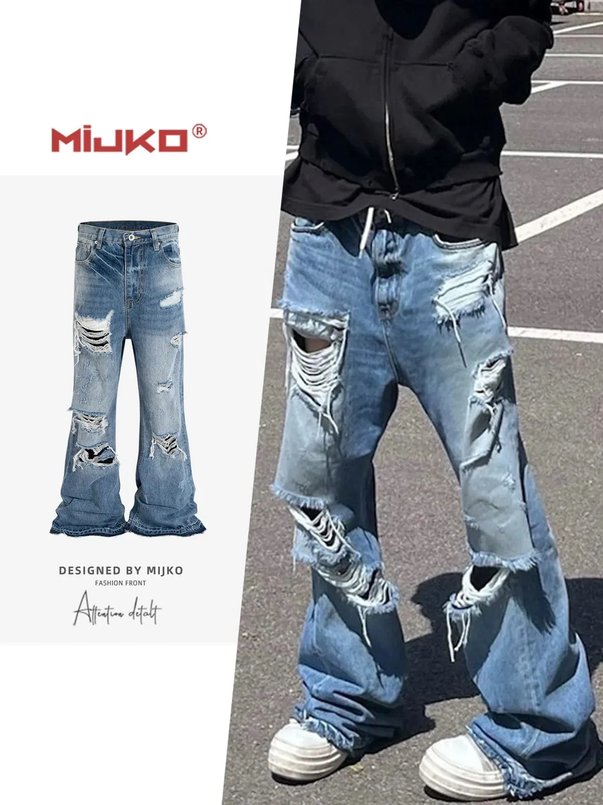 Unisex Wide Leg Flared Jeans Torn Hole Cut with Cat Whisker Fringe Blue for Men And Women ZJ014