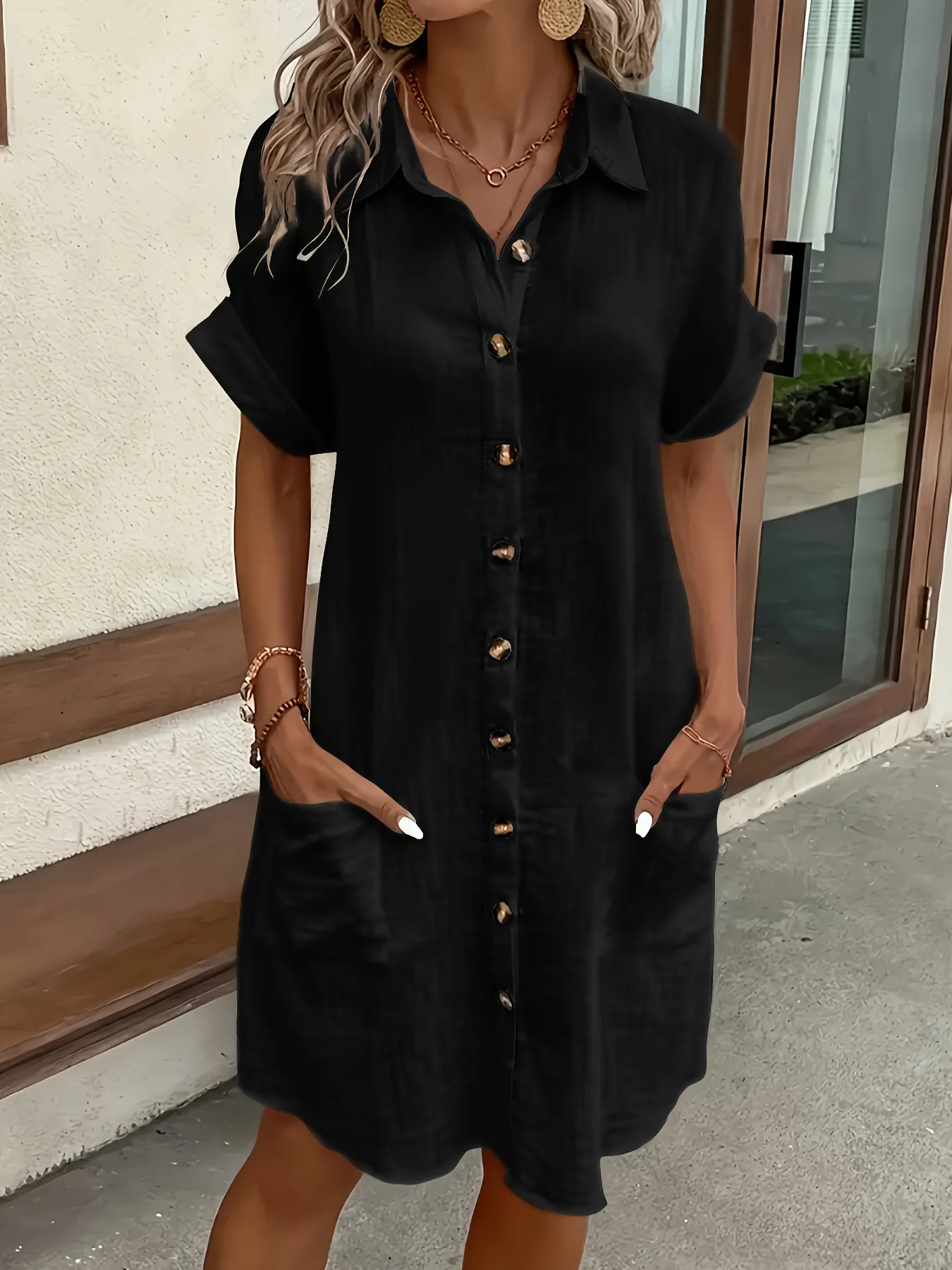 2026 European and American Cross Border Leisure Solid Color Cotton Hemp Buckle Long Short Sleeve Loose Shirt Dress Women's Wear