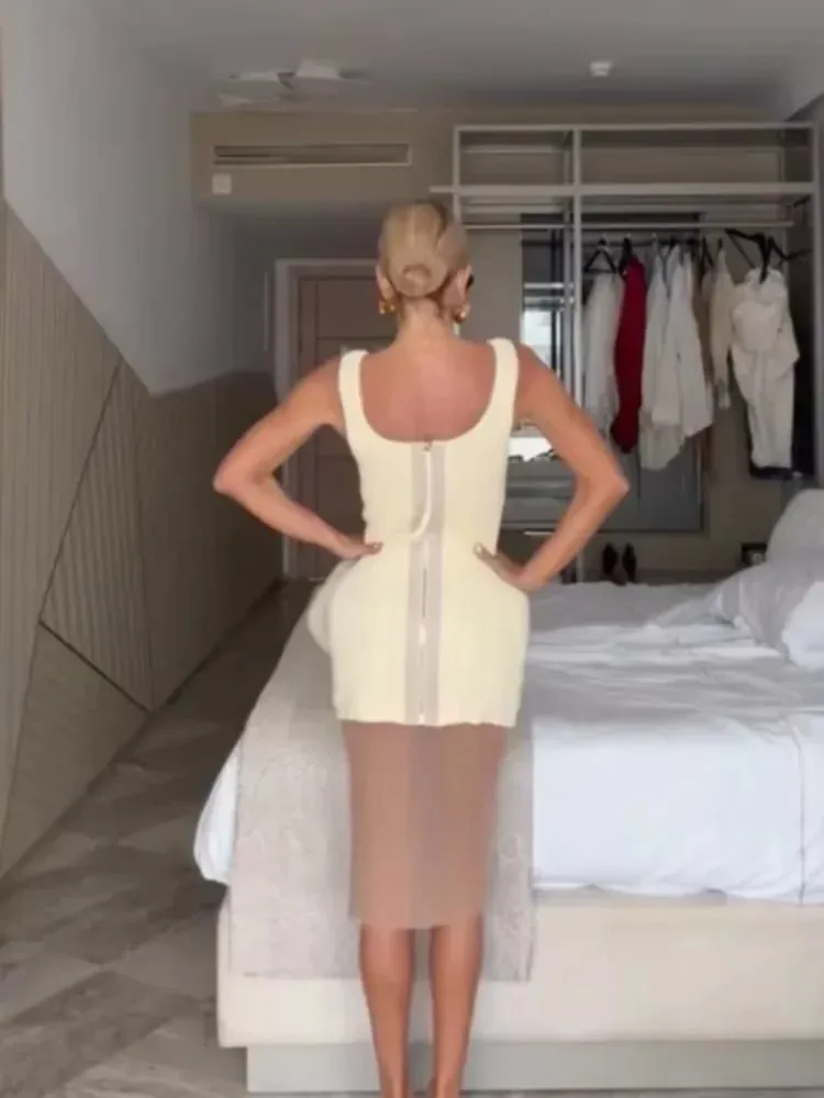 Ribbed Kintted Mini Dress Paired With Mesh Inner Layer Square Neck Sleeveless Slim Fit Dresses 2026 Lady Sexy Party Club Robes