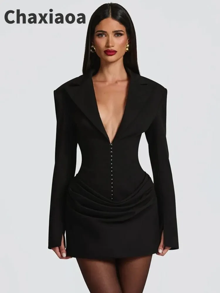 Chaxiaoa Long Sleeve Deep V Neck Ruched Sexy Mini Dress Women Autumn Winter Fashion High Waist Club Party Blazer Dresses Female