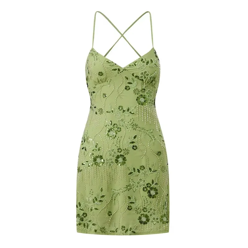 Hirigin Đầm Đính Hạt Cami Mini Gợi Cảm Phía Trước Cổ Chữ V Váy Ngắn Cho Nữ Hở Lưng Criss Dây Đeo Chéo Đầm