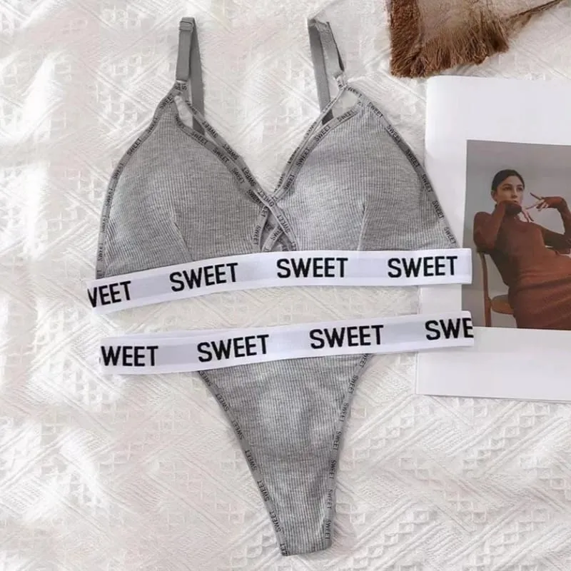 Women Padded Bra And Panties Set Front Cross Wireless Bra Low Rise G-string Female Letter Strap Underwear Sexy Lingerie Set
