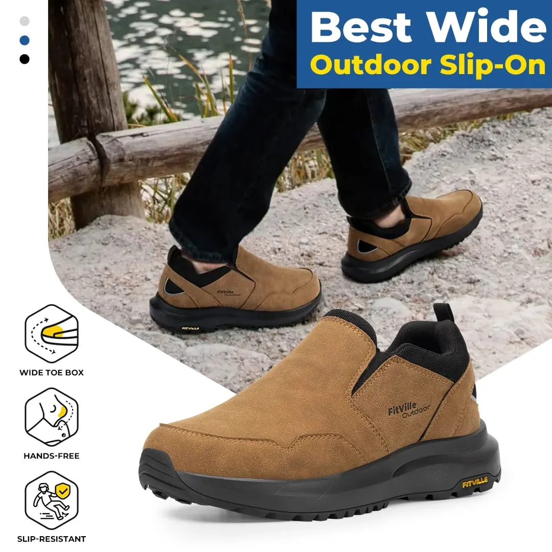 FitVille Men Extra Wide Slip On Hiking Loafers Comfort Orthopedic Walking Sneakers with Arch Support for Outdoor Trekking Trails Flat Feet & Foot Pain Relief