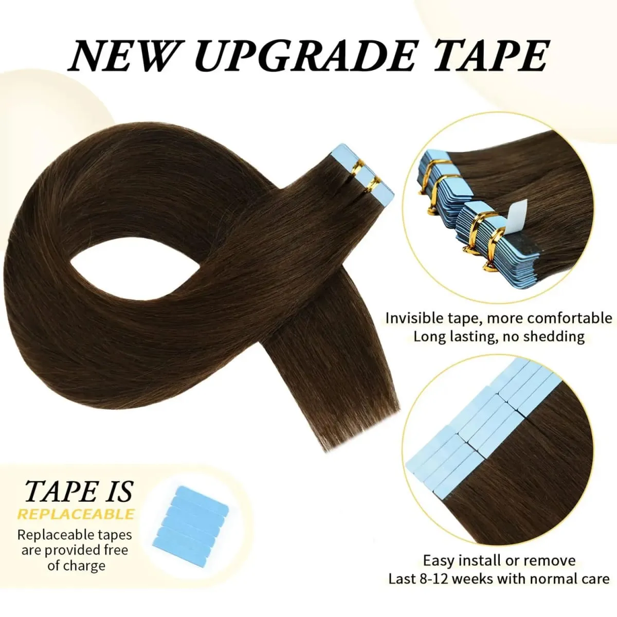 Doreen Tape In Human Hair Extensions Chestnut Brown 16 to 24 Inch 20 Pcs 50g/Pack Silky Straight PU Skin Weft Seamless Tape in