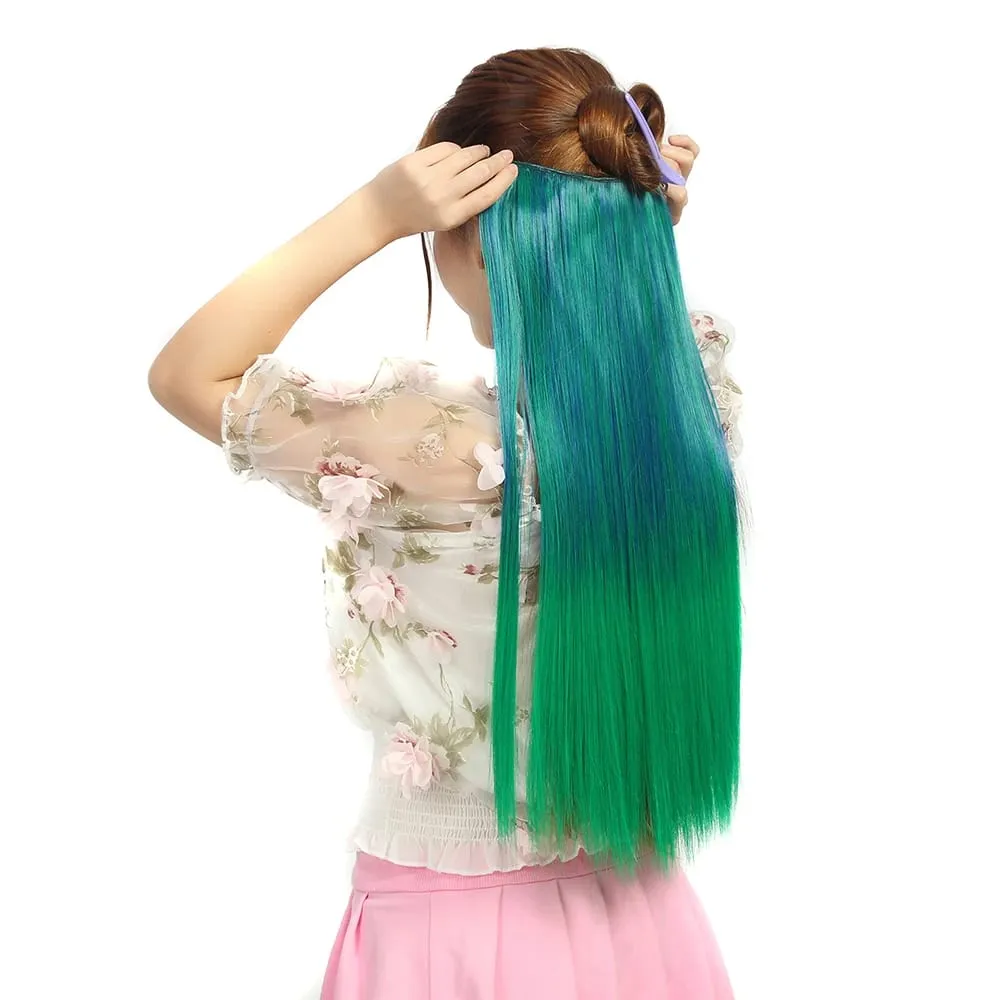 Rainbow Hairpiece Clip in One Piece Hair Extension Long Straight Synthetic Black Blue Gray Green Ombre Color Hairpieces
