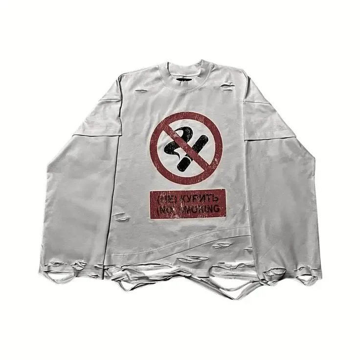 Streetwear Harajuku Hip Hop Ripped Long Sleeves Y2K Cigarette Graphic Print Tops Gothic Fashion Round Neck Sweatshirt Men Women