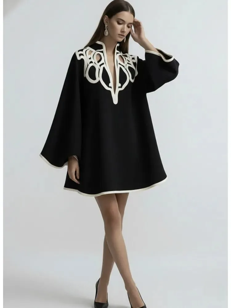 Freeacy Women's Hollowed Stand Collar Loose Mini Dress 2026 Spring New Contrast Color Long Sleeves Vacation Party Dresses — image 3