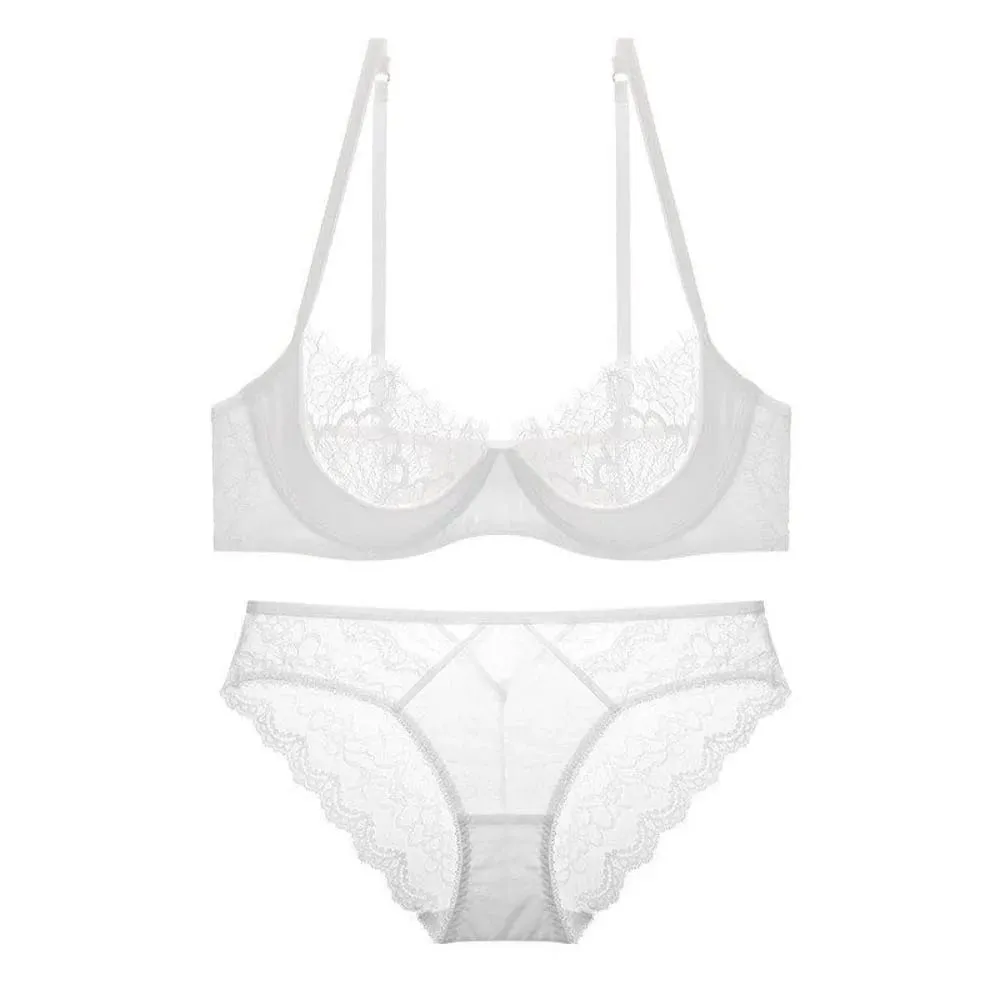 Plus Size Half Cup Sheer Lace Bra Set Ultra Thin Minimizer Underwire Lift Support Breathable Large Cup Matching Underwear Set — image 7