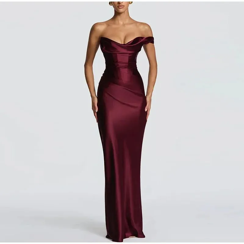 New One Shoulder Satin Women 's Maxi Dress Cowl Neck Ruched Waist Bodycon Dresses Summer Woman Formal Evening Party Vestidos