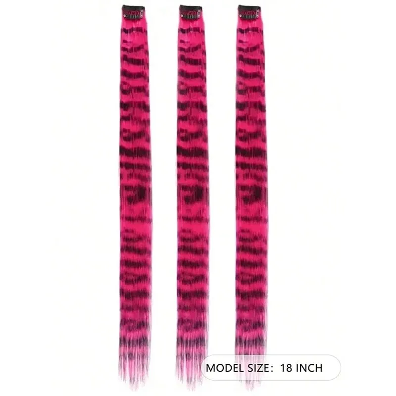 3Pcs Leopard Print Hair Extensions Synthetic Stripe Printed Hair Piece Colorful Long Straight Clip In Hair For Women Girls Party