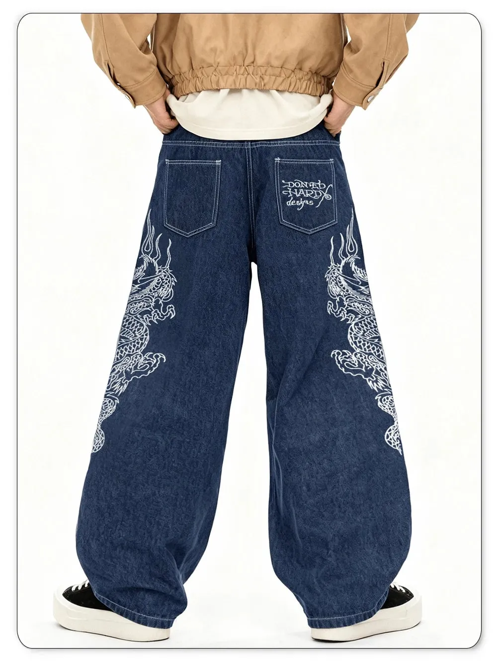 Korean Street Blue Baggy Wide Leg Men's Jeans Personalized White Dragon Pattern Embroidery Denim Pants Gothic Male Jeans Unisex