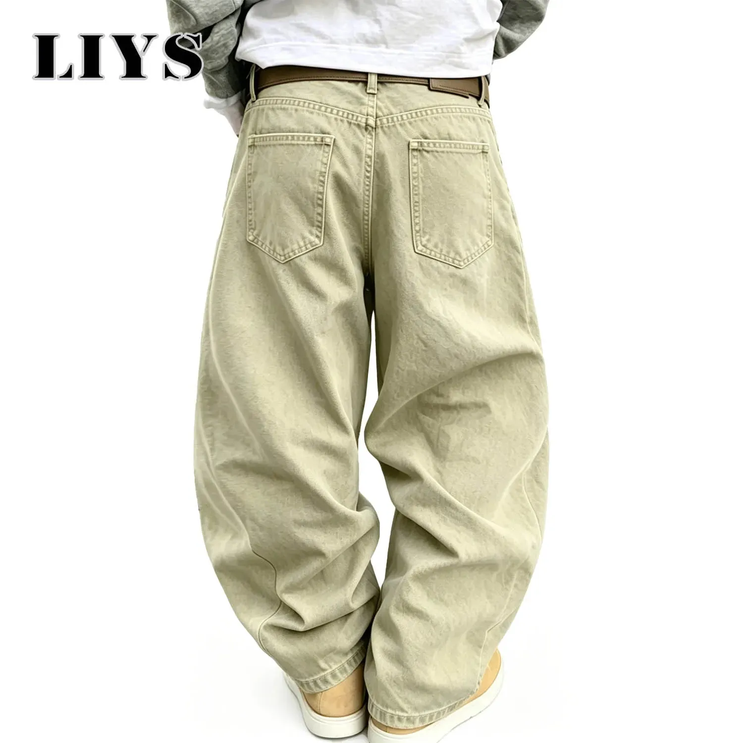 Men's American Retro Light Khaki Wide Leg Curved Jeans Loose Straight Tube Washed Work Pants High Street Fashion Versatile