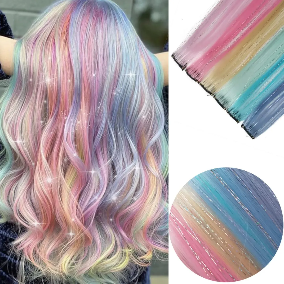 Multicolor Clip in Hair Extensions Mix tinsels Colored Hair Extensions 2 in 1 Rainbow Hair with Silver Tinsels for Kids Girls