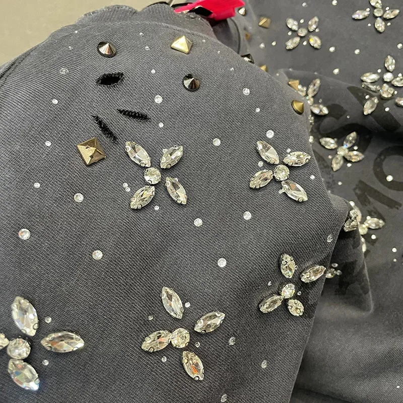 26FW Heavy Fabric Cotton Loose Rhinestone Rivet Satoshi Nakamoto Sweatshirts Men Women Vintage Charcoal Gray Green Pullovers