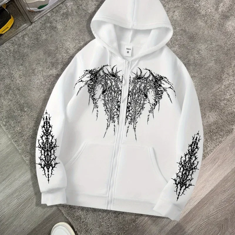 Men's Gothic Dark Print Zipper Hooded Casual Sports Sweatshirt Zipper Jacket Autumn and Winter New Casual Retro Street Style Top