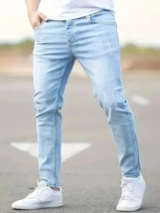 2026 New Fashion Men's Skinny Ripped Jeans Mid Waist Stretch Denim Pants Male's Slim Trousers with Pocket Casual Soft Streetwear