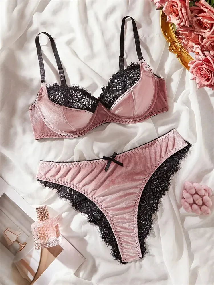 Sexy Lingerie Luxury Velevet Lingerie Set Sweet Lace Splicing Sexy Bras French Underwear Women Set Three-point Intimate Lingerie
