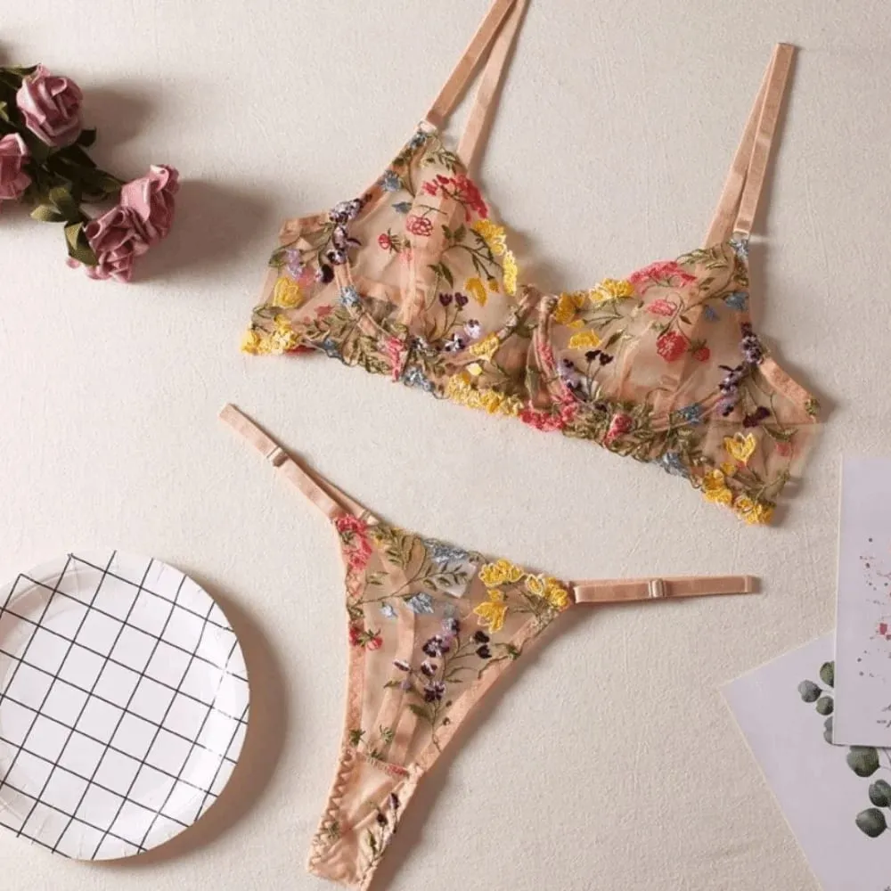 2-Piece Versatile Floral Lingerie Set Embroidery Sheer Boho Bra Panty Set Wireless Bra