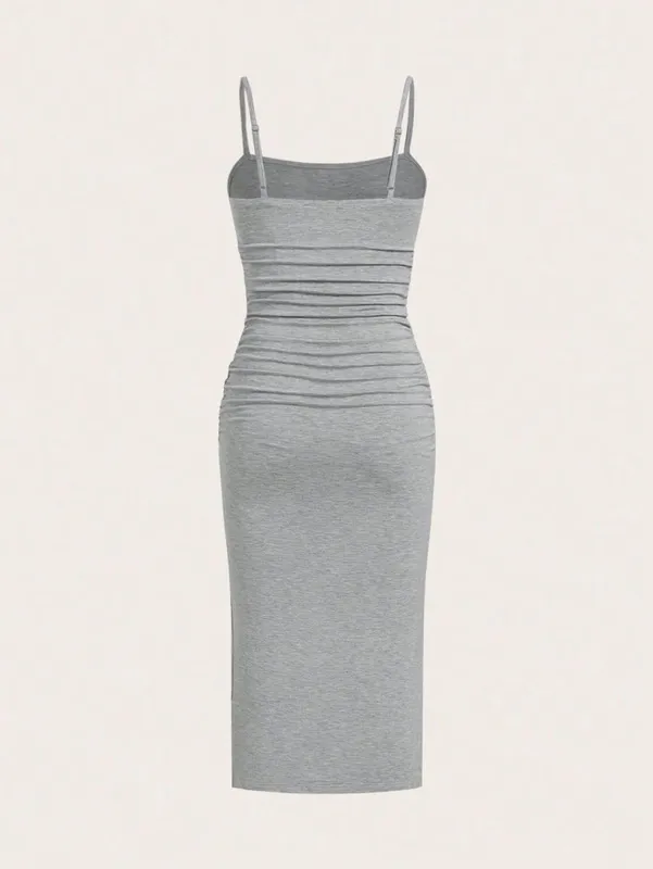 Women Spaghetti Strap Midi Dress Ruched Side Bodycon Slit Cami Pencil Midi Dress