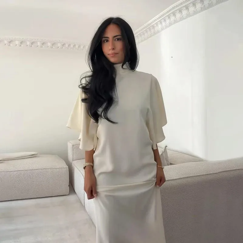 Women Solid Satin Maxi Dress High Neck Batwing Sleeve Loose Fit Front Slit Dresses Lady 2026 Summer Elegant Evening Party Outfit — image 8