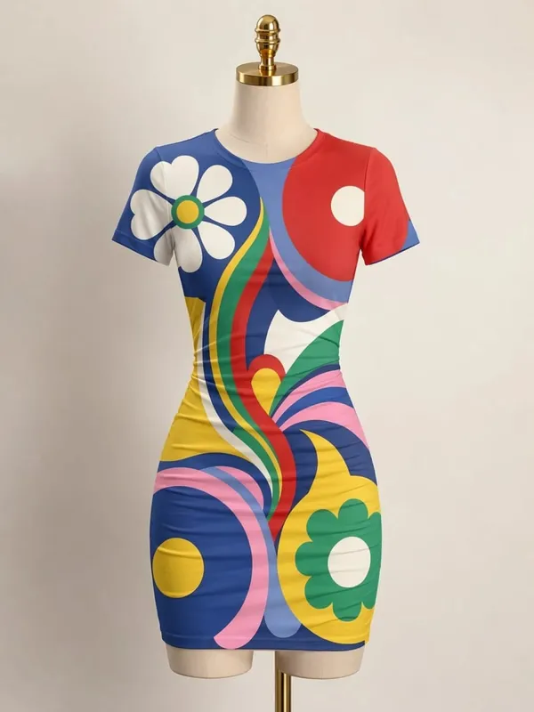 Womens Short Sleeve Bodycon Mini Dress Slim Fit Crew Neck Floral Print Casual Summer Party Cute Casual Weekend Vacation Sundress