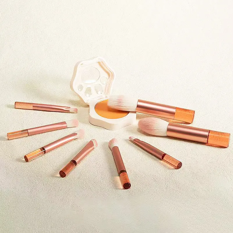 8 pieces of orange mini portable travel makeup brushes - powder brushes eyeshadow brushes and highlighter brushes