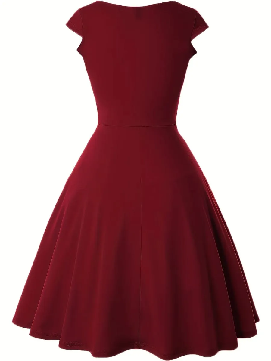 Abito da donna elegante girocollo estivo manica corta tinta unita linea A al ginocchio abito a vita alta spavaldo matrimonio festa partenza casual