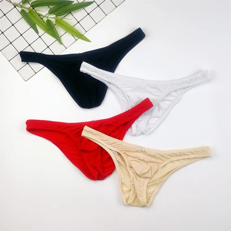 4PCS Men High Fork Briefs Mid Waist Elastic Ice Silk Brief Summer Underpants Ice Silk U Convex Pouch Male Underwear Silky Shorts