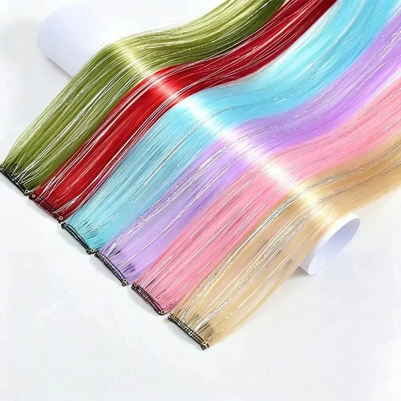 BB Clip in Synthetic Hair Extensions with Laser Silver Threads Colorful Shiny Hair Pieces for Party Daily Use No Damage