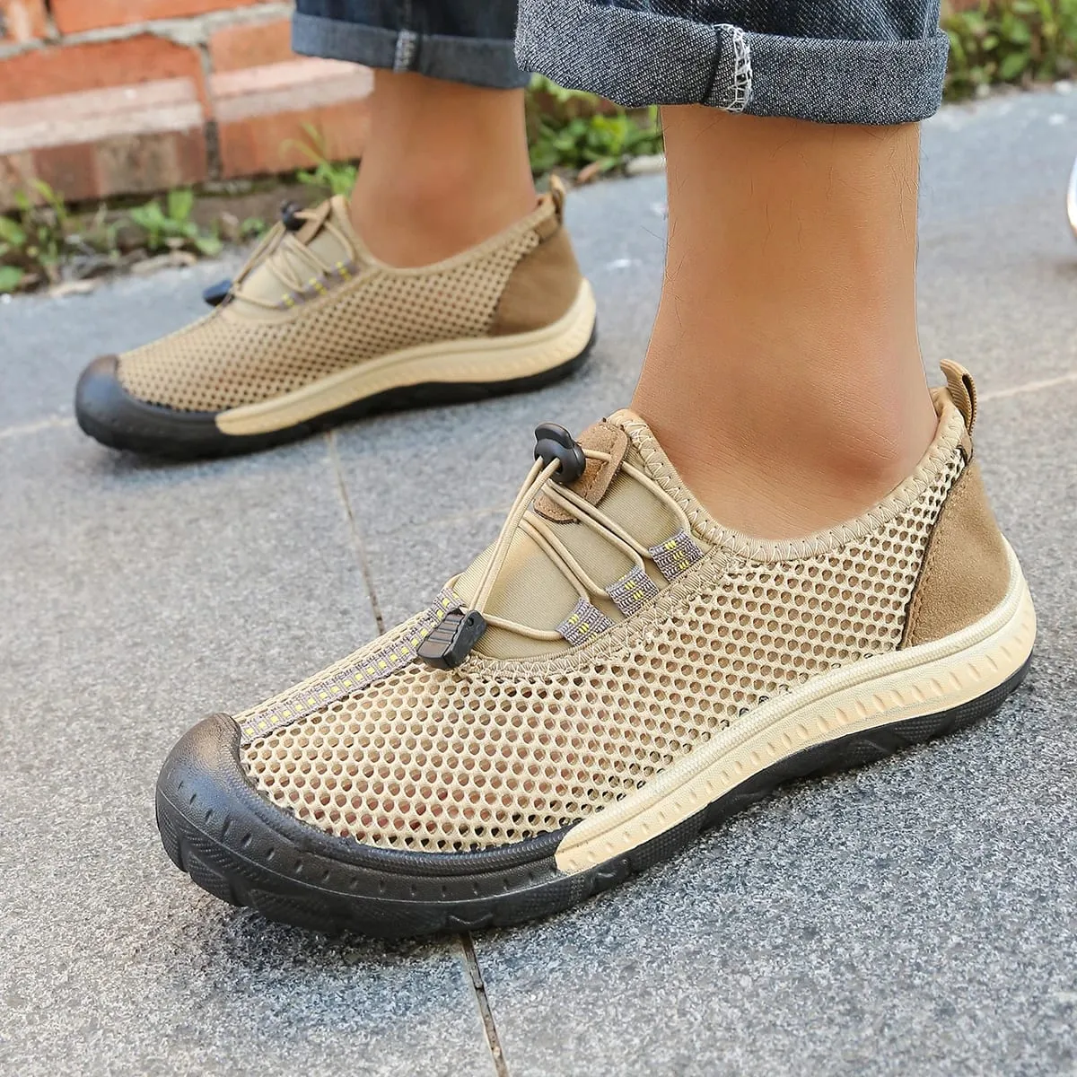Men's Hollow Mesh Quick Toggle Lace Walking Trainers Striped Stitching Trim Wrapped Thick Rubber Toe Cap Outdoor Casual Shoes