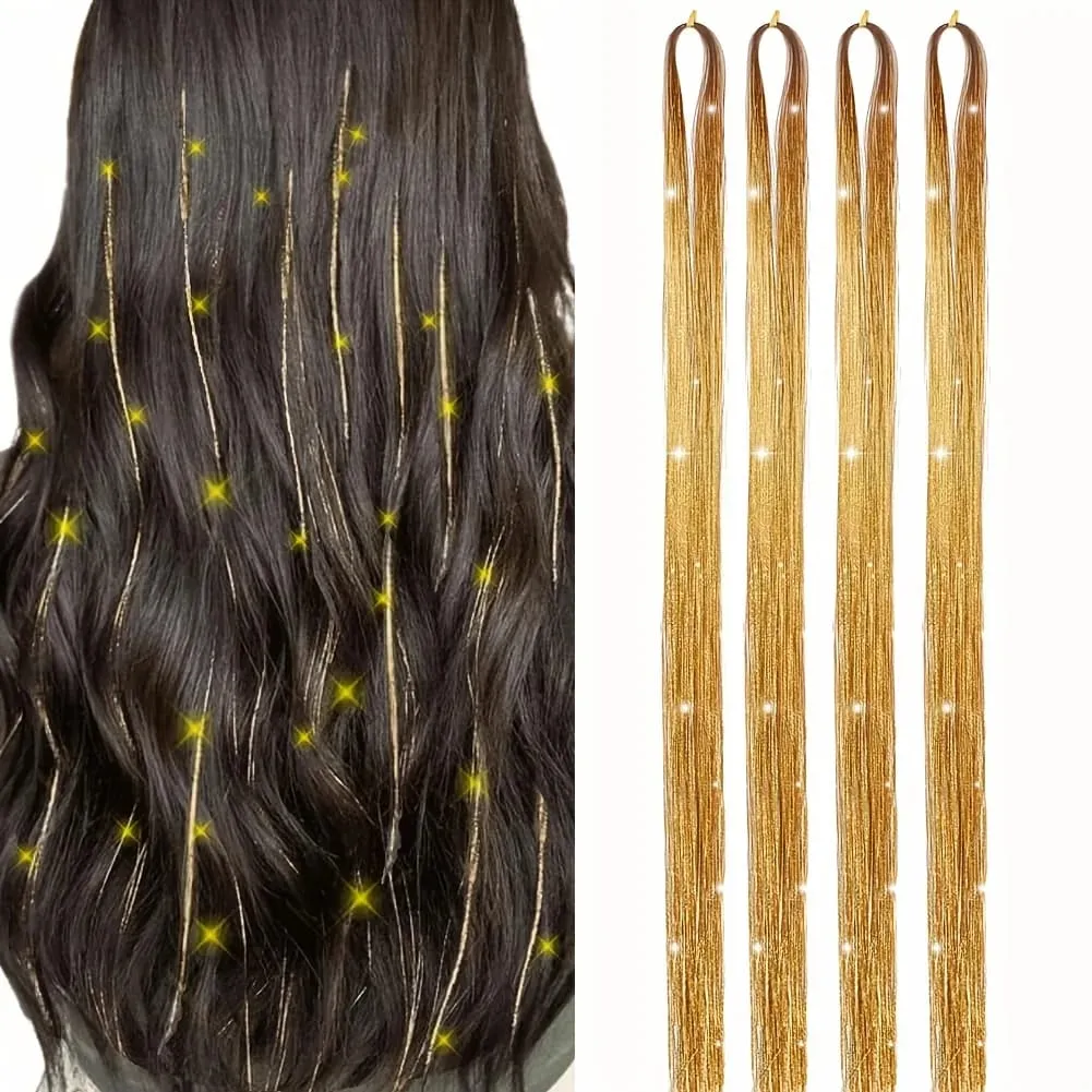 4 Packs 22inch Fairy Tinsel Hair Extensions Kit for Women Holographic Synthetic Hair Extension for Quick Hair Color Change