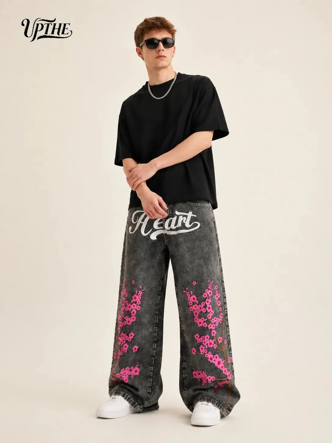 UP.THE Men Baggy Wide Leg Jeans Vintage Washed Black Gray Denim Pants Y2K Loose Cherry Blossom Embroidery Heart Letter Print Streetwear Jeans for Daily Hip Hop Casual Outfits