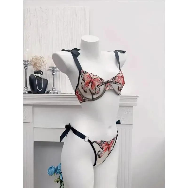 Butterfly Embroidery French Lace Bra Sheer Net Elastic Straps No Padding Romantic Womens Lingerie Set S-XL Soft Comfy