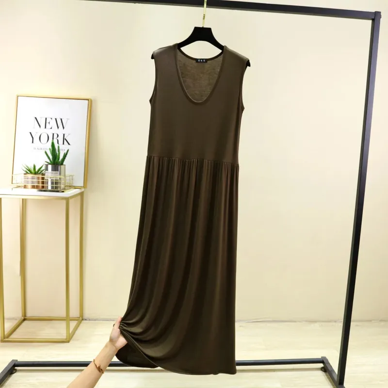 Plus Size L bis 6XL Damenkleid Modal Ärmelloses Tankkleid Plissiertes Schlafkleid Mittellange Taillenschlankungskleider Lockere Homewear — image 12