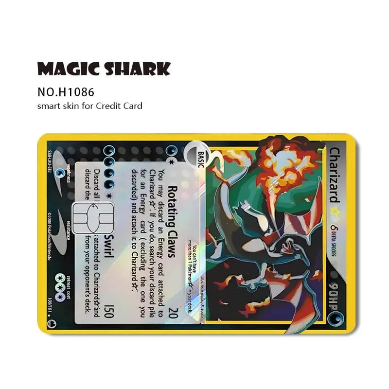 Magic Shark Mew Charizard EX Eevee Gengar Pikachu TCG Card Holographic Laser Skin Film Sticker for Bank Credit Card