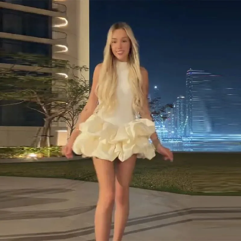 Vintage fransk miniklänning kvinnor Elegant solid 3D volangblommor Ärmlösa A-linje slimmade klänningar 2026 NYA Evening Paty Clubwear