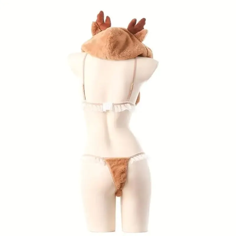 4Pcs Deer Cosplay Lingerie Costume Fuzzy Bra and Panty Set Anime Lingerie Set