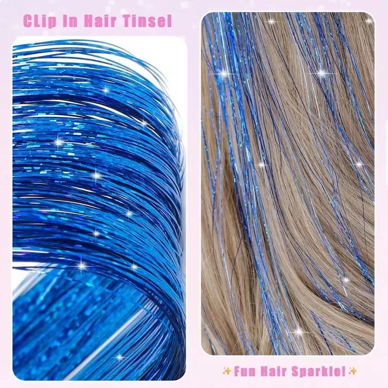6pcs/set 38Inch Long Sparkling Fairy Hair Tinsel Rainbow Extensions Suitable for Braids Ponytails Shiny Strands Accessories