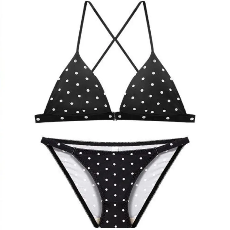 Women Wireless Bra Retro Polka Dot Triangle Cup Bralette Set Front Closure Bikini Style Comfort Push Up Elegant Underwear Set