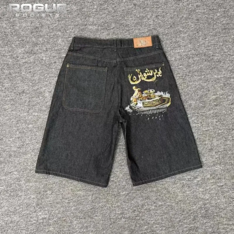 Summer Urban Hip Hop Denim Jorts Vintage Streetwear Y2k Embroidery Graphic Washed Baggy Denim Shorts Men Wide Leg Harajuku Jeans