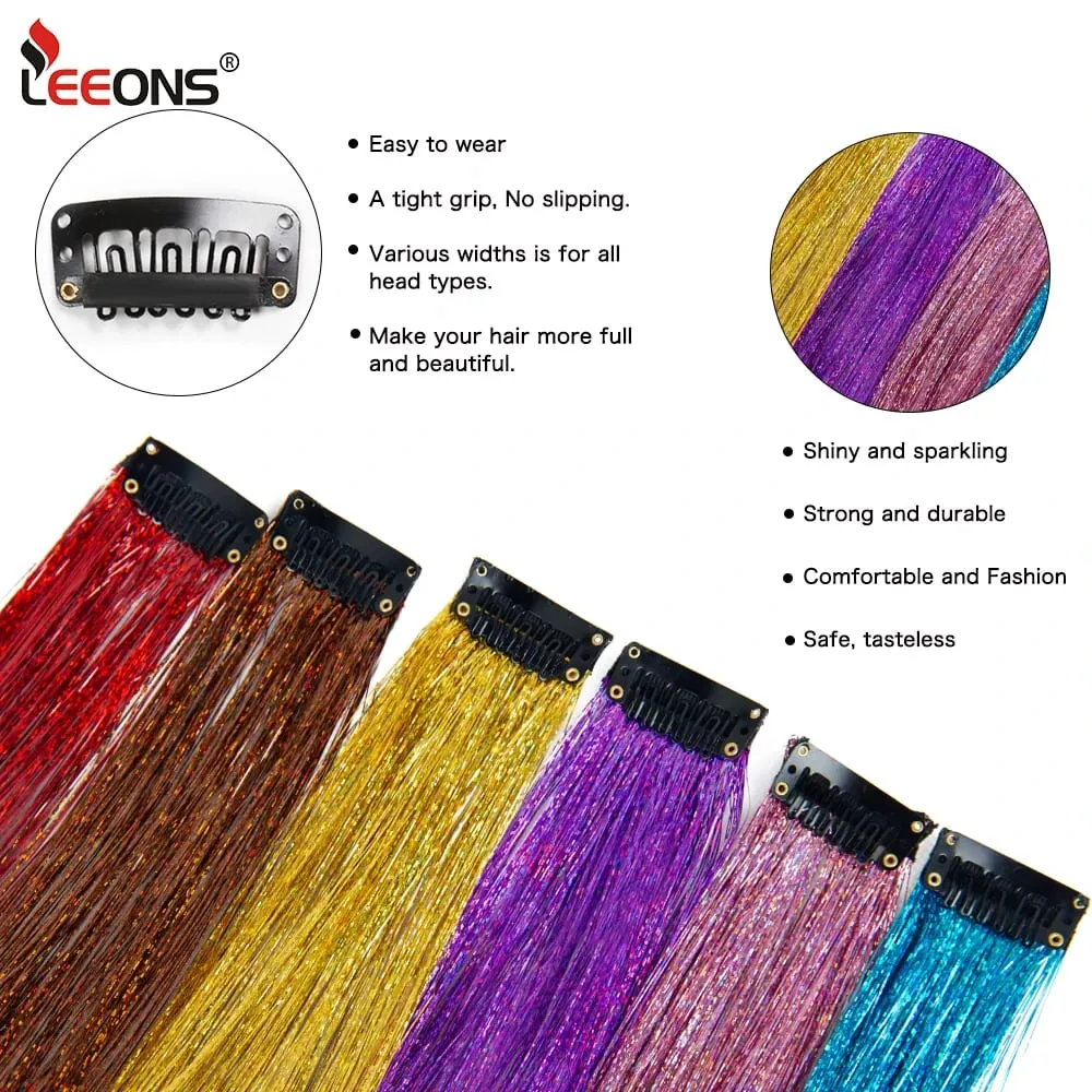 Straight Rainbow Colored Party Highlights Clip On In Hair Extensions Bling Hair Piece Synthetic Hairpieces Sparkling Tinsel Red