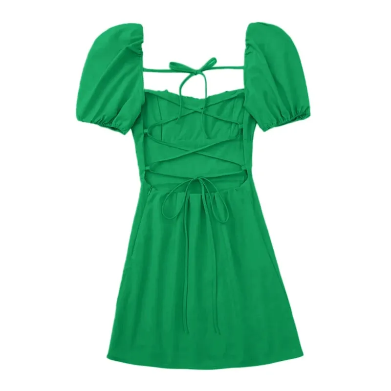 Summer Sexy Mini Dress Women Short Sleeved Lace Up Hollow Casual Backless Folds Bodycon Black Dress Party Elegant A-Line Dresses