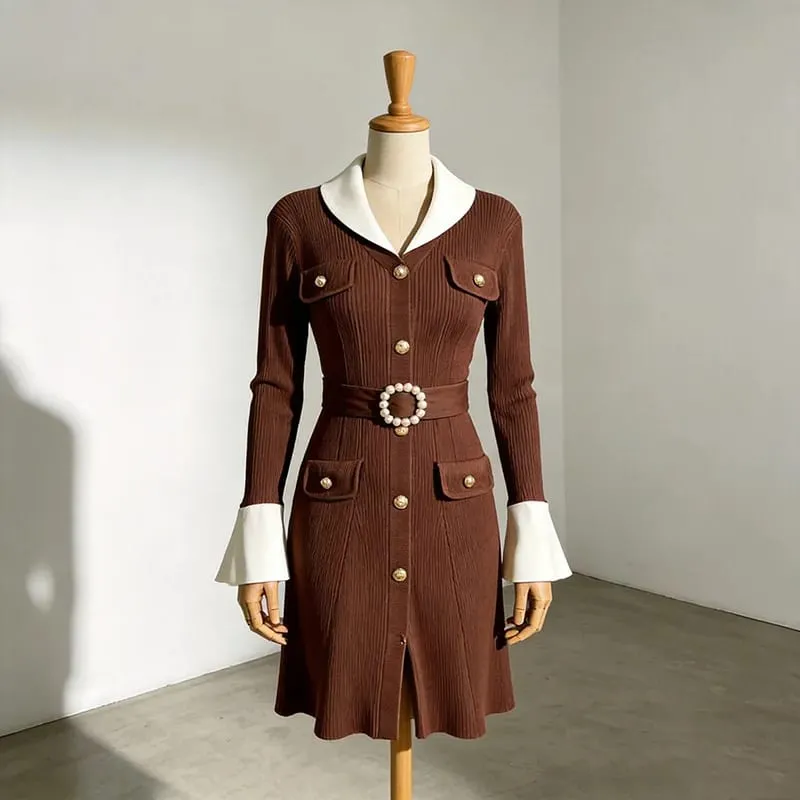 New 2026 Autumn Winter Knitted Sweater Dresses for Woman Fashion Flare Sleeve Hit Color Short Casual Party Dress Elegant