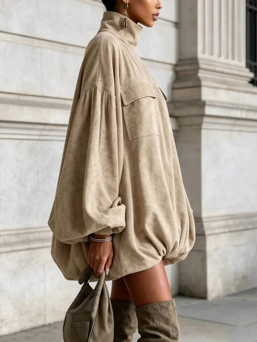 Autumn Winter Turtleneck Mini Dress Women Elegant Lantern Long Sleeve Loose Straight Short Dress Casual Streetwear Dresses