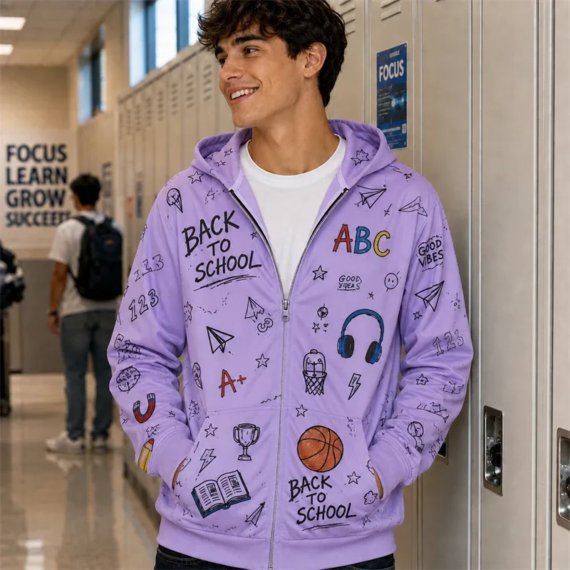 Zip Hoodie Men Back To School 3d Print A+ Graphic Basketball Book Pattern Hoodie New Y2k Gift Casual Street Hooded Sweatshirt